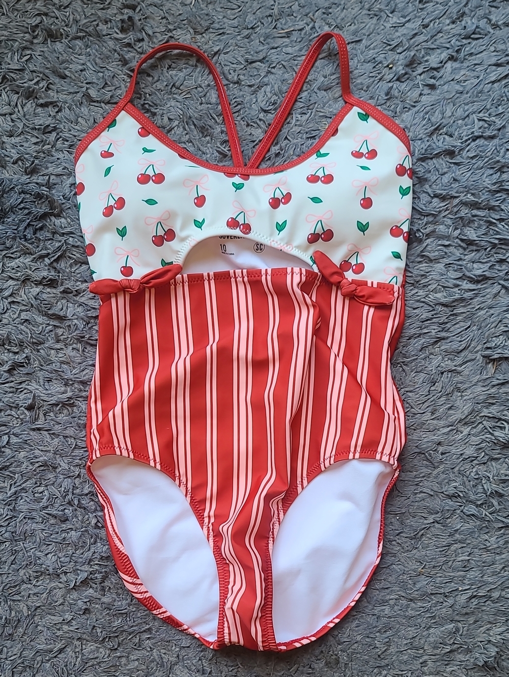 Sovereign Code Girls Cut Out Cherry & Stripe One Piece Swimsuit NWT Size 10